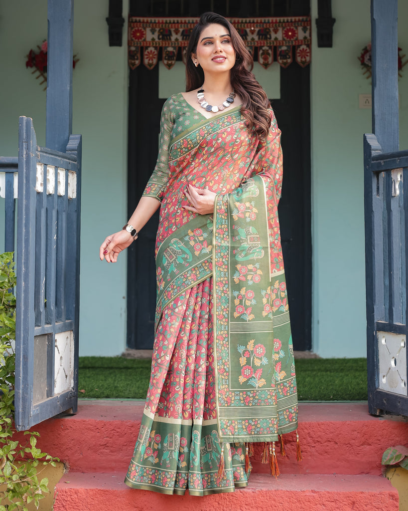Green and Red Handloom Cotton-Linen Saree with Elephant Motifs and Floral Detailing LINEN HANDLOOM