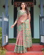 Load image into Gallery viewer, Green and Red Handloom Cotton-Linen Saree with Elephant Motifs and Floral Detailing LINEN HANDLOOM
