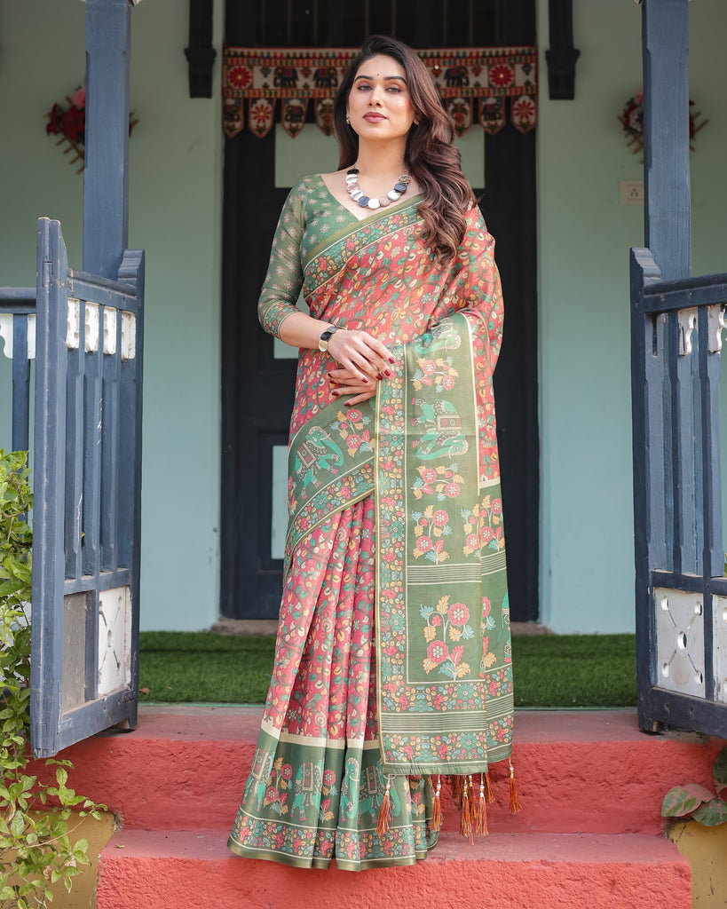 Green and Red Handloom Cotton-Linen Saree with Elephant Motifs and Floral Detailing LINEN HANDLOOM