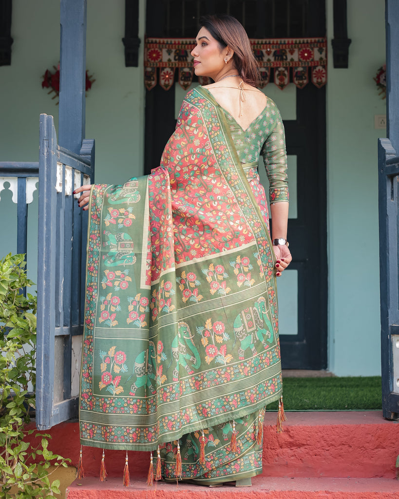 Green and Red Handloom Cotton-Linen Saree with Elephant Motifs and Floral Detailing LINEN HANDLOOM