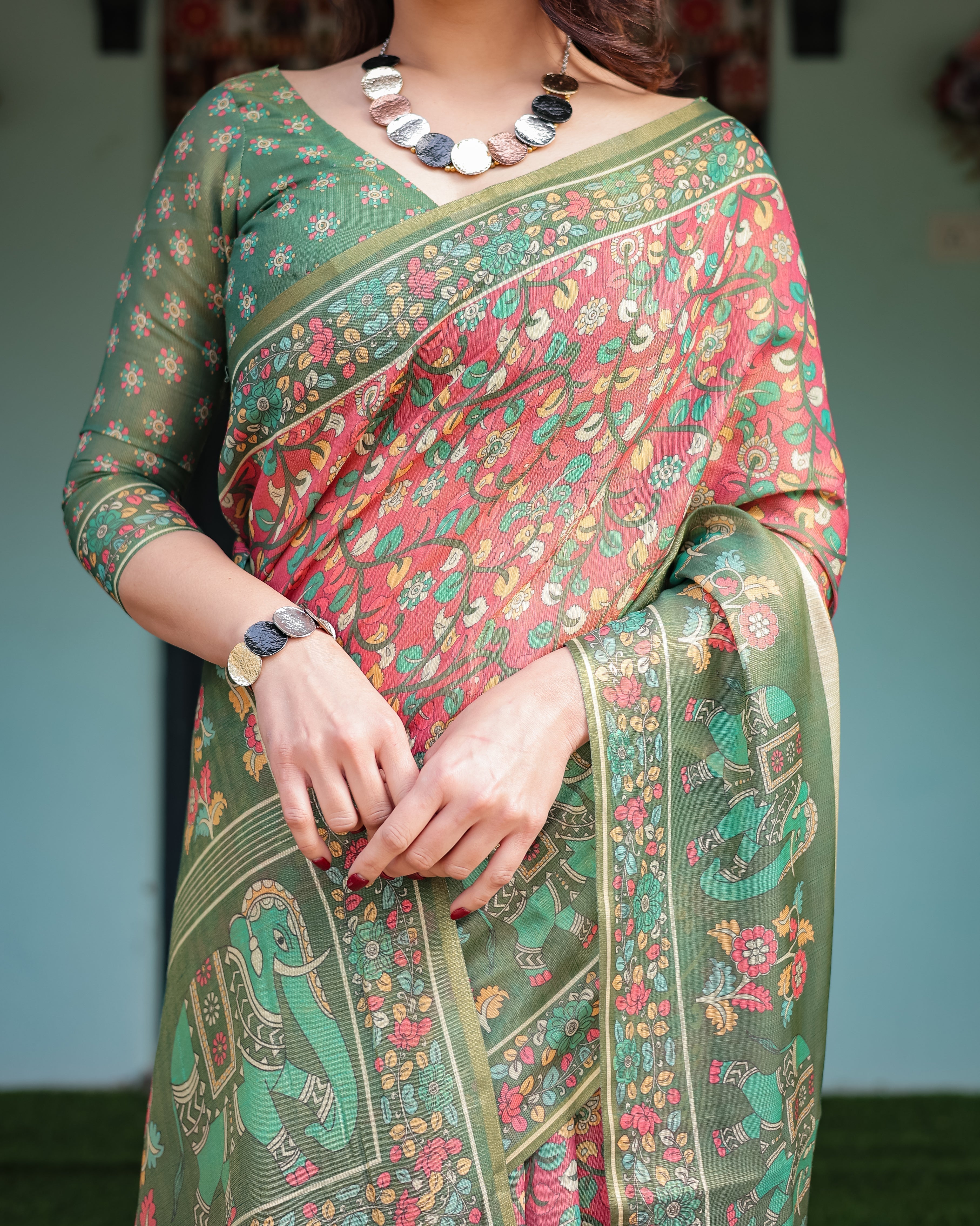 Green and Red Handloom Cotton-Linen Saree with Elephant Motifs and Floral Detailing LINEN HANDLOOM
