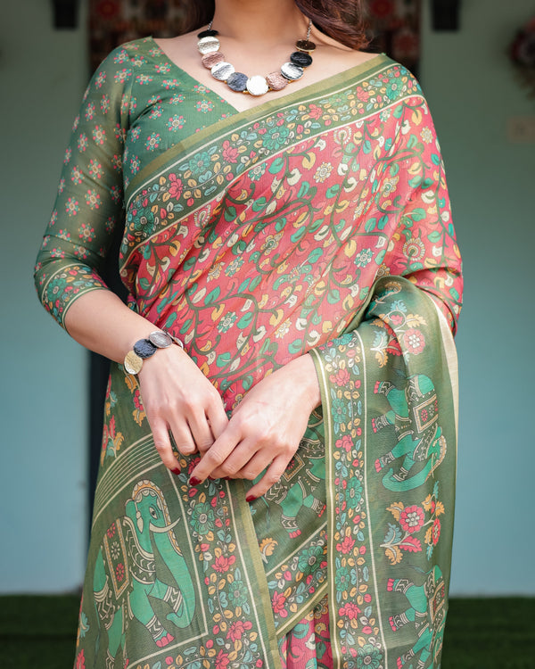 Green and Red Handloom Cotton-Linen Saree with Elephant Motifs and Floral Detailing LINEN HANDLOOM