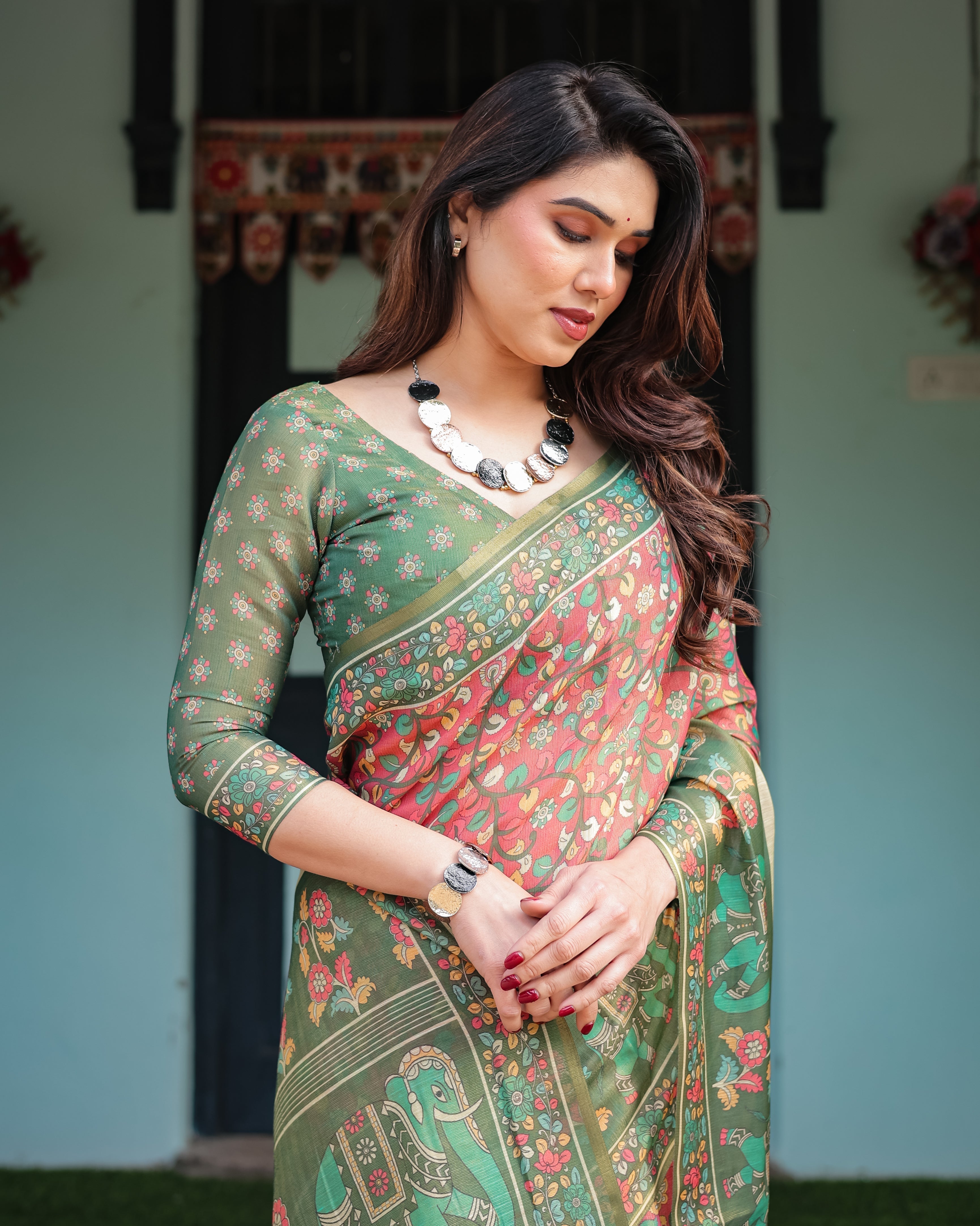 Green and Red Handloom Cotton-Linen Saree with Elephant Motifs and Floral Detailing LINEN HANDLOOM