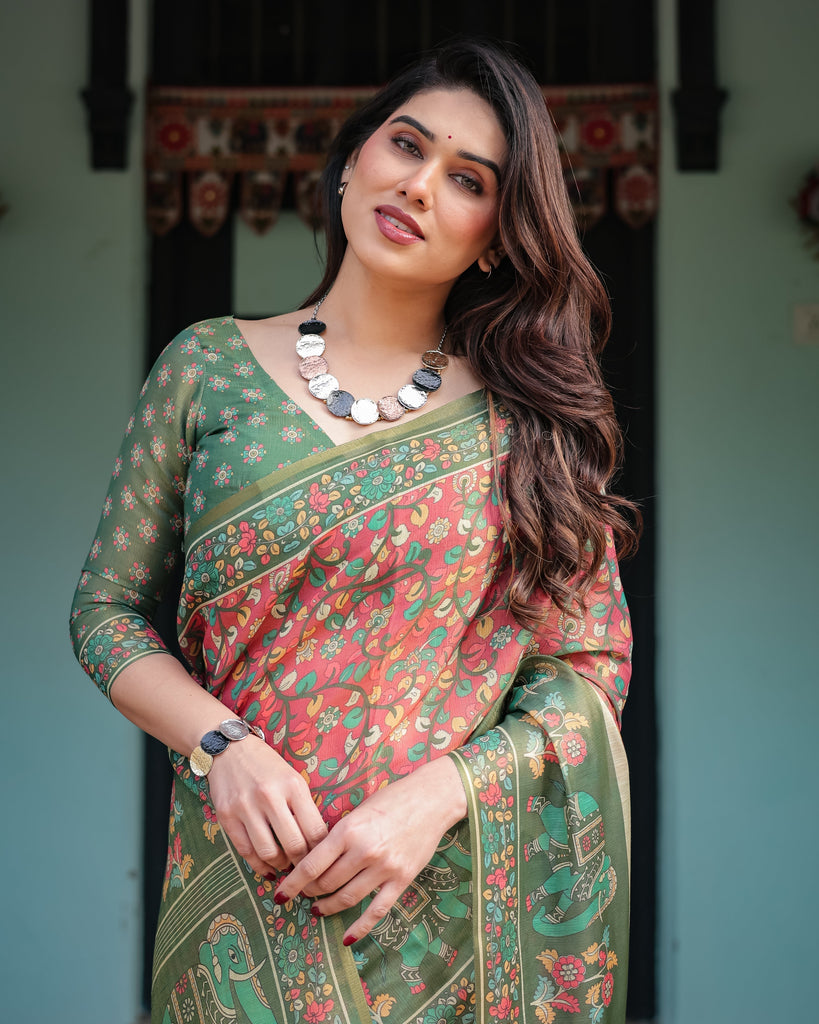 Green and Red Handloom Cotton-Linen Saree with Elephant Motifs and Floral Detailing LINEN HANDLOOM