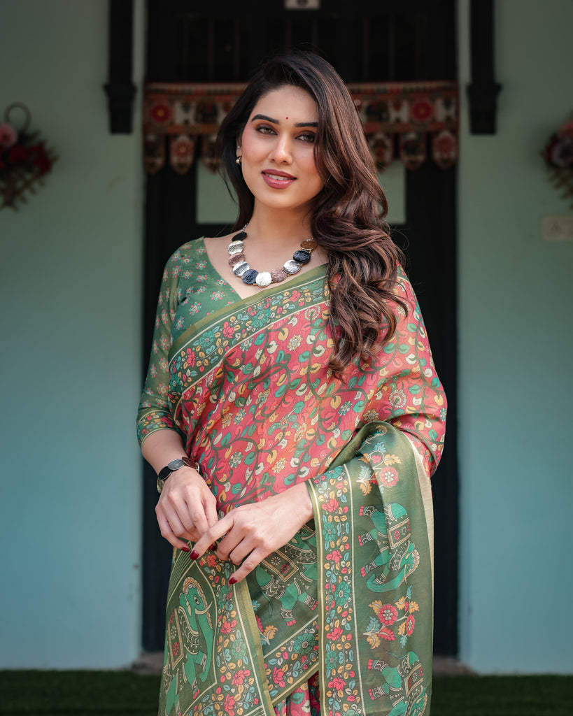 Green and Red Handloom Cotton-Linen Saree with Elephant Motifs and Floral Detailing LINEN HANDLOOM