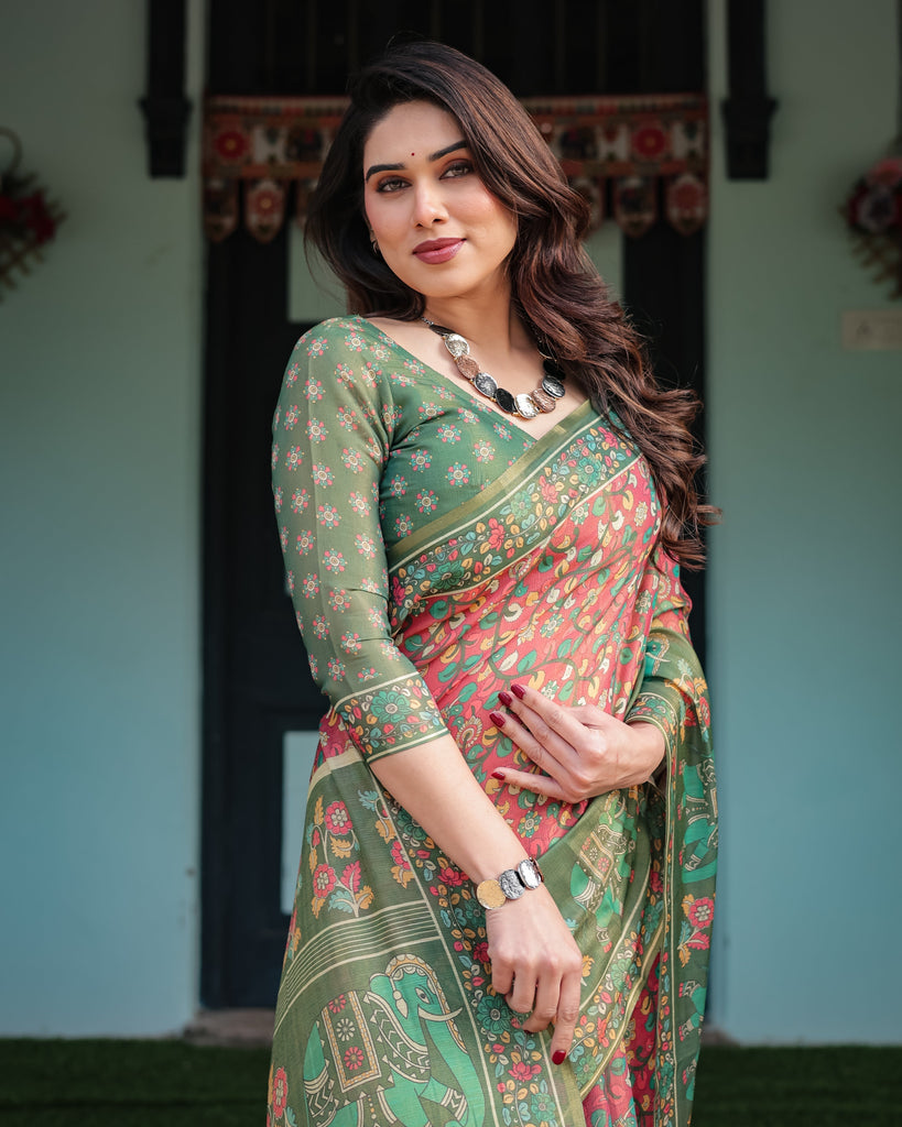 Green and Red Handloom Cotton-Linen Saree with Elephant Motifs and Floral Detailing LINEN HANDLOOM