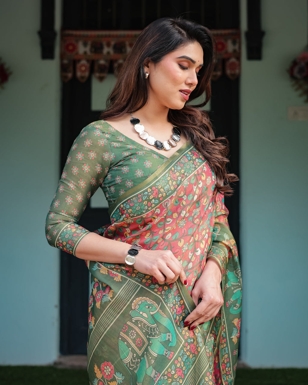 Green and Red Handloom Cotton-Linen Saree with Elephant Motifs and Floral Detailing LINEN HANDLOOM