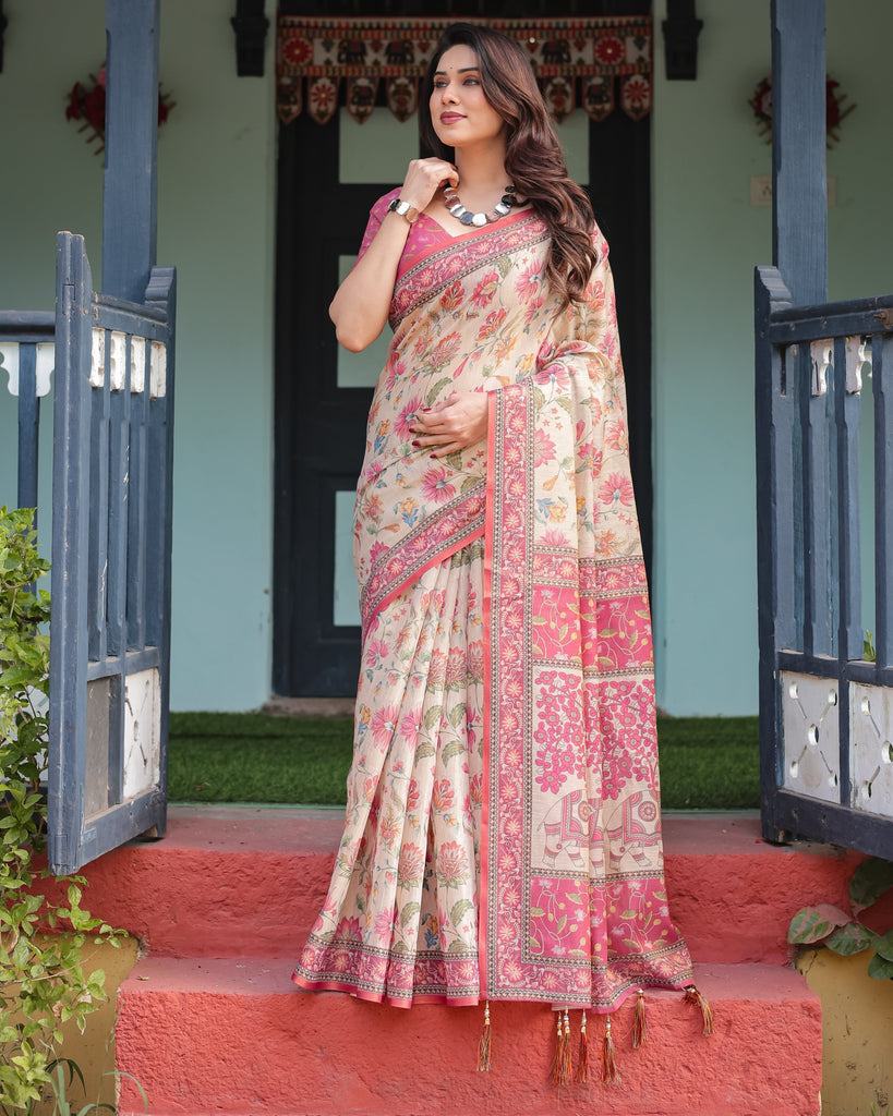 Cream and Pink Handloom Cotton-Linen Saree with Vibrant Floral and Elephant Motifs LINEN HANDLOOM
