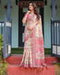 Load image into Gallery viewer, Cream and Pink Handloom Cotton-Linen Saree with Vibrant Floral and Elephant Motifs LINEN HANDLOOM