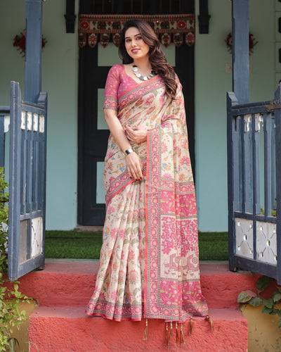 Cream and Pink Handloom Cotton-Linen Saree with Vibrant Floral and Elephant Motifs LINEN HANDLOOM