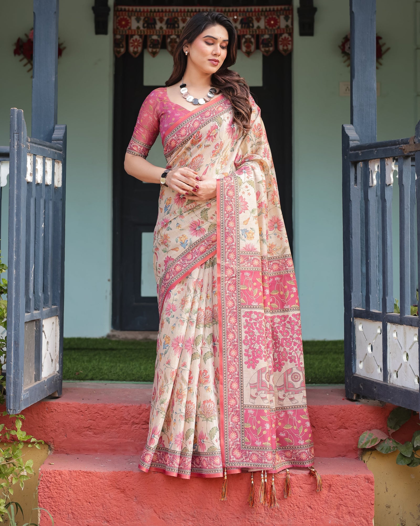 Cream and Pink Handloom Cotton-Linen Saree with Vibrant Floral and Elephant Motifs LINEN HANDLOOM
