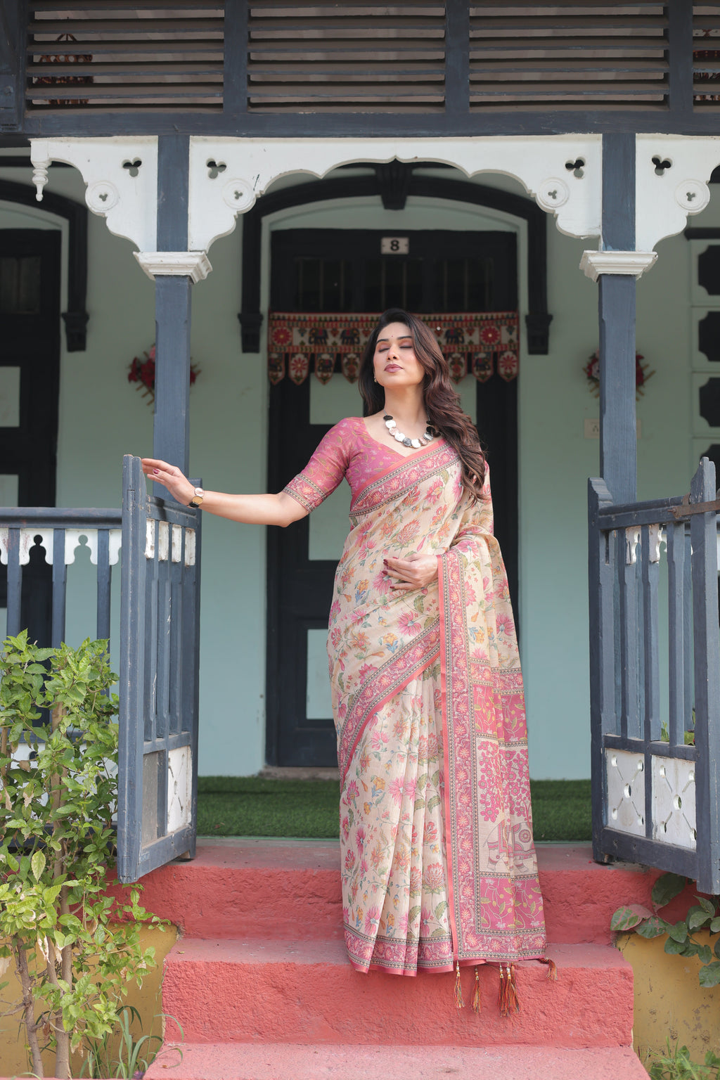 Cream and Pink Handloom Cotton-Linen Saree with Vibrant Floral and Elephant Motifs LINEN HANDLOOM