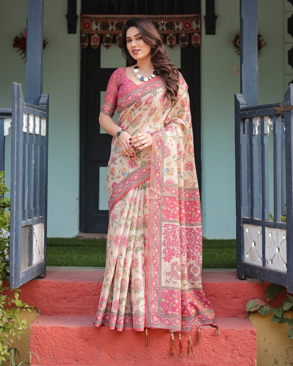 Cream and Pink Handloom Cotton-Linen Saree with Vibrant Floral and Elephant Motifs LINEN HANDLOOM