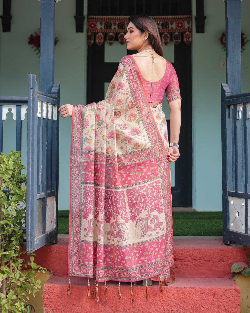 Cream and Pink Handloom Cotton-Linen Saree with Vibrant Floral and Elephant Motifs LINEN HANDLOOM