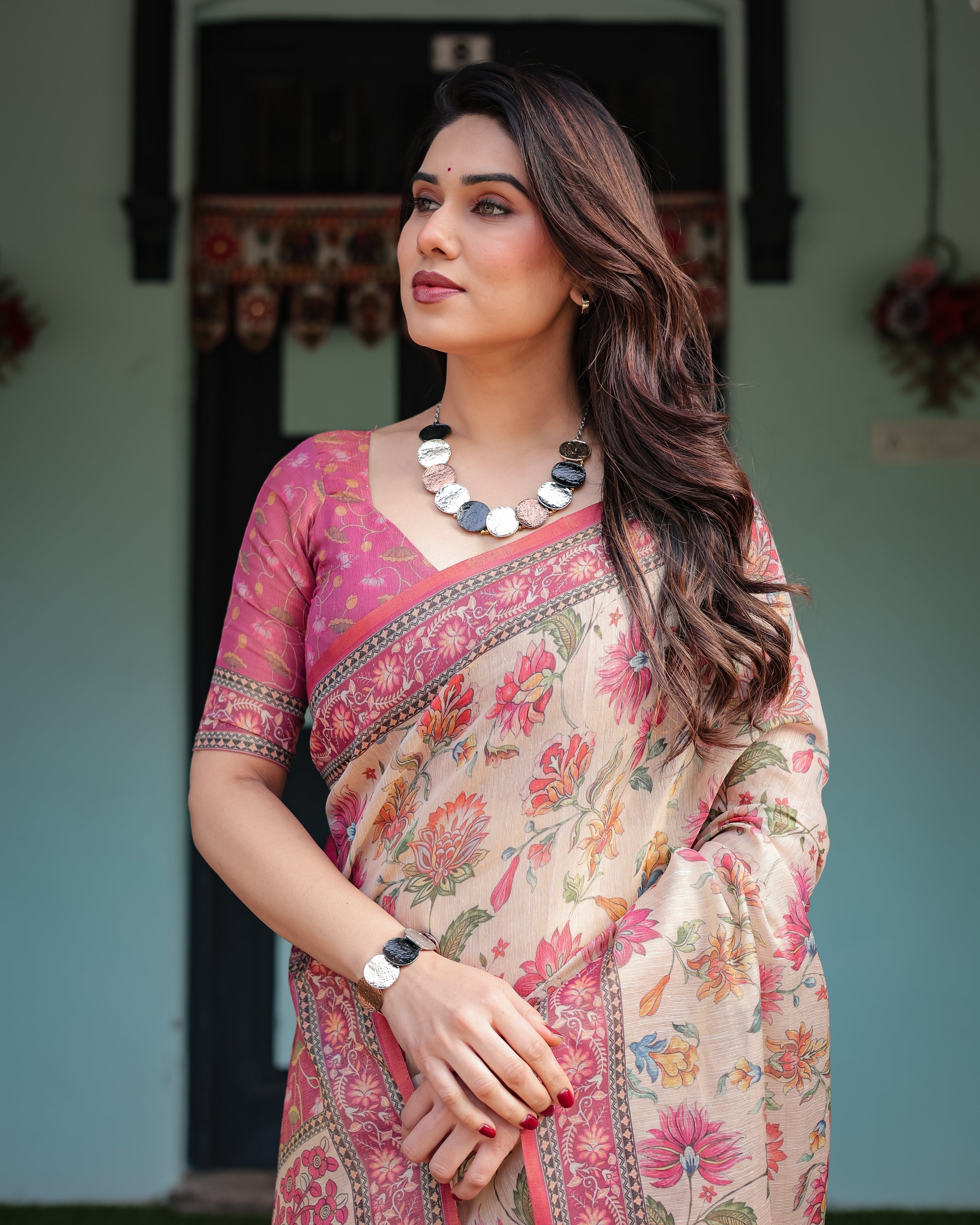 Cream and Pink Handloom Cotton-Linen Saree with Vibrant Floral and Elephant Motifs LINEN HANDLOOM