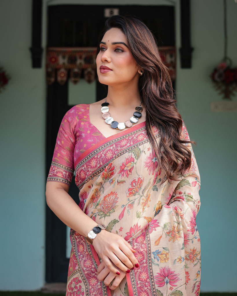 Cream and Pink Handloom Cotton-Linen Saree with Vibrant Floral and Elephant Motifs LINEN HANDLOOM