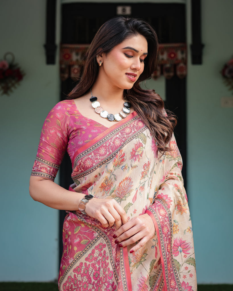 Cream and Pink Handloom Cotton-Linen Saree with Vibrant Floral and Elephant Motifs LINEN HANDLOOM