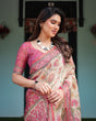 Load image into Gallery viewer, Cream and Pink Handloom Cotton-Linen Saree with Vibrant Floral and Elephant Motifs LINEN HANDLOOM