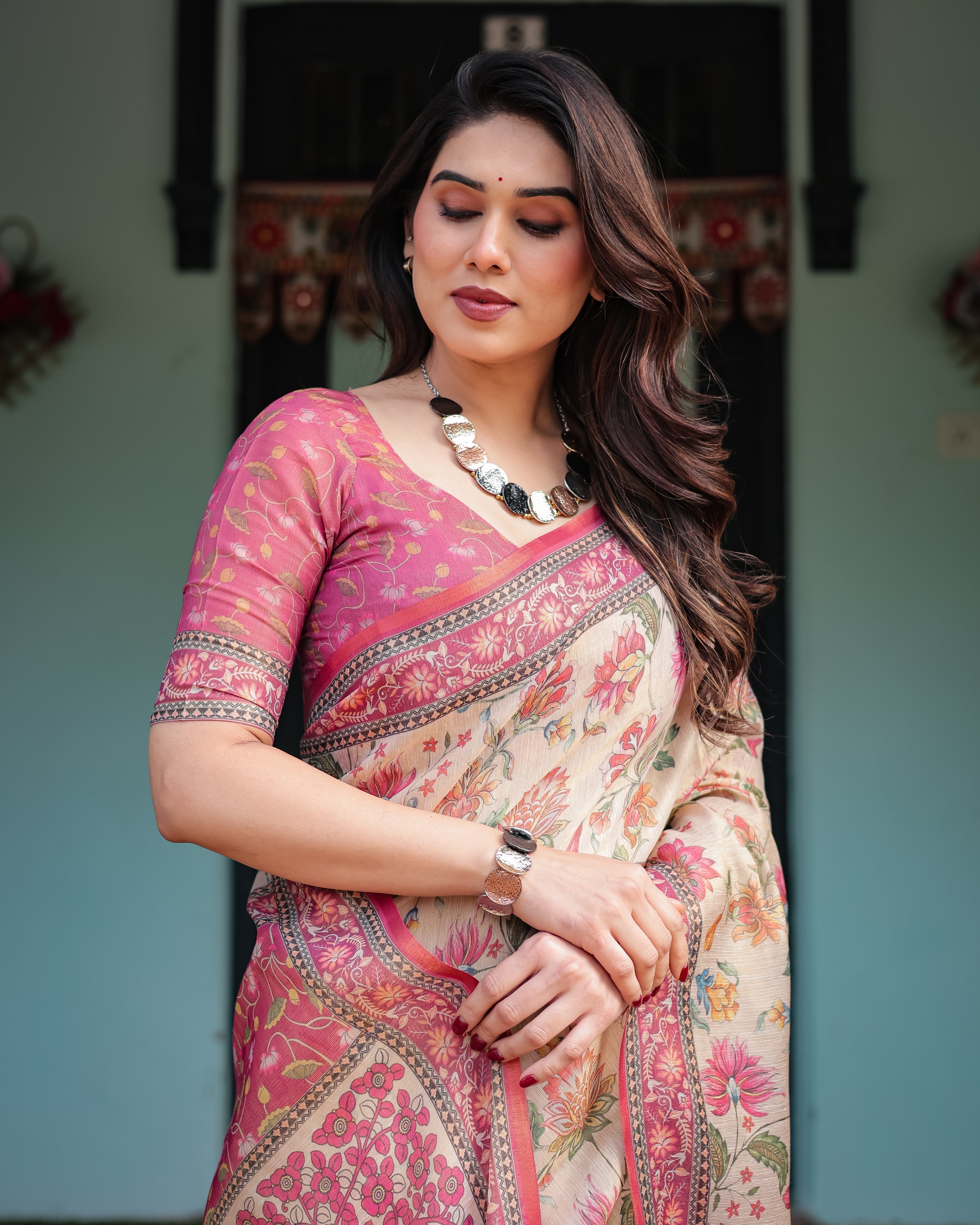 Cream and Pink Handloom Cotton-Linen Saree with Vibrant Floral and Elephant Motifs LINEN HANDLOOM