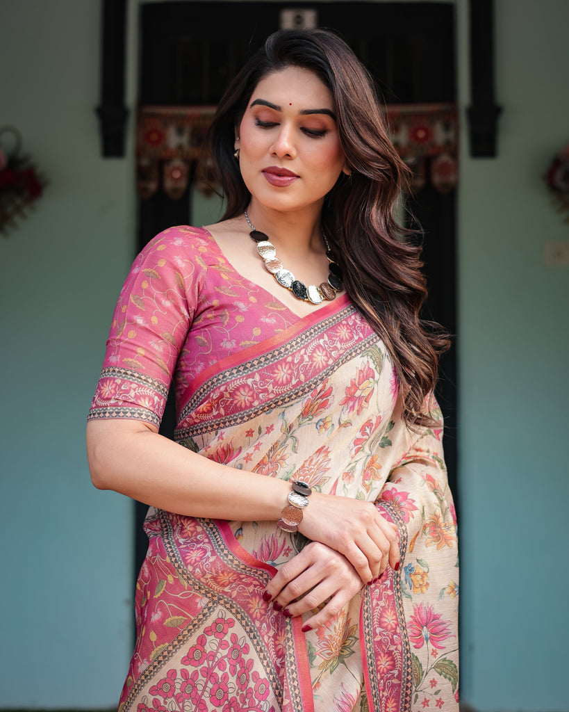 Cream and Pink Handloom Cotton-Linen Saree with Vibrant Floral and Elephant Motifs LINEN HANDLOOM