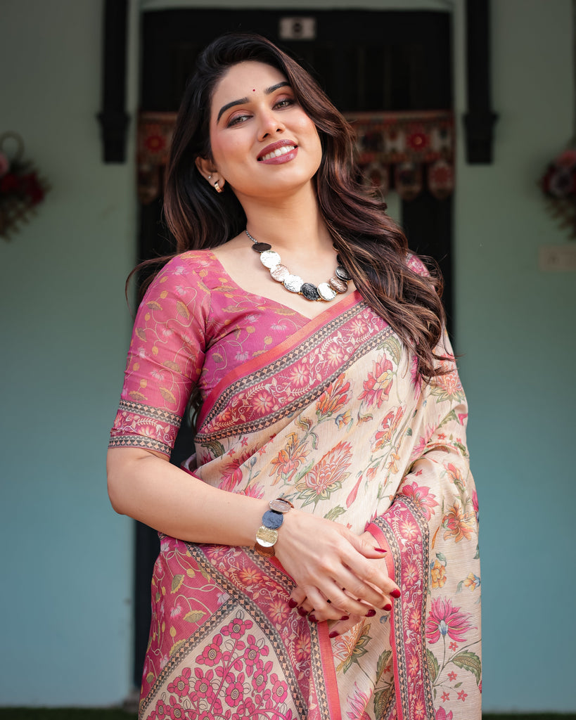 Cream and Pink Handloom Cotton-Linen Saree with Vibrant Floral and Elephant Motifs LINEN HANDLOOM
