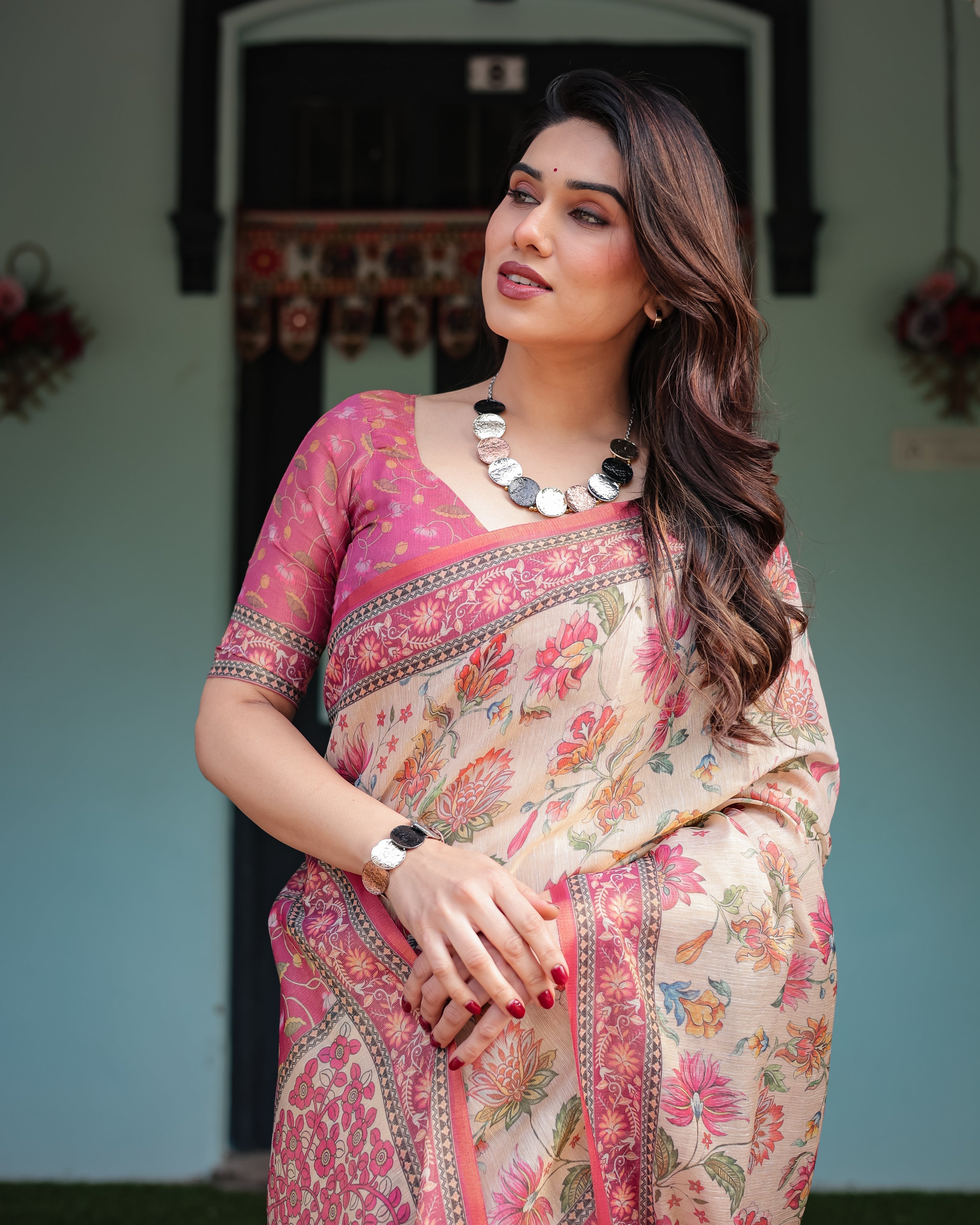 Cream and Pink Handloom Cotton-Linen Saree with Vibrant Floral and Elephant Motifs LINEN HANDLOOM