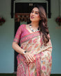Load image into Gallery viewer, Cream and Pink Handloom Cotton-Linen Saree with Vibrant Floral and Elephant Motifs LINEN HANDLOOM