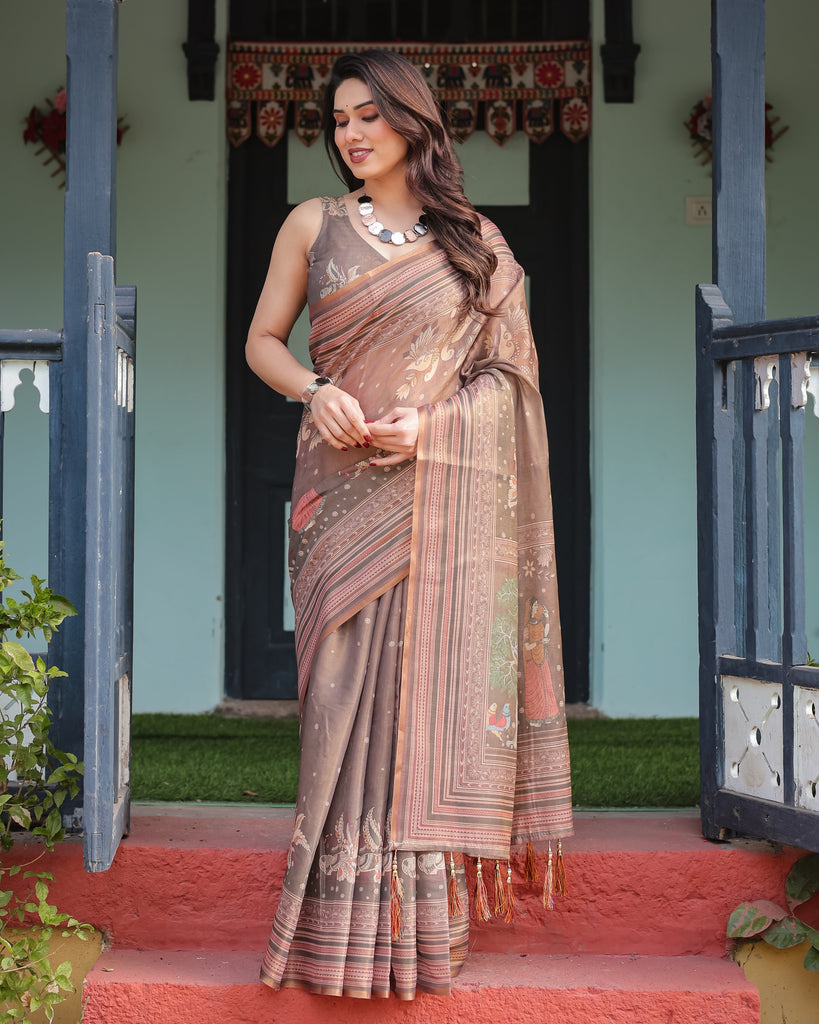 Earthy Brown Handloom Cotton-Linen Saree with Bird Motifs and Striped Detailing LINEN HANDLOOM