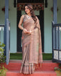 Load image into Gallery viewer, Earthy Brown Handloom Cotton-Linen Saree with Bird Motifs and Striped Detailing LINEN HANDLOOM