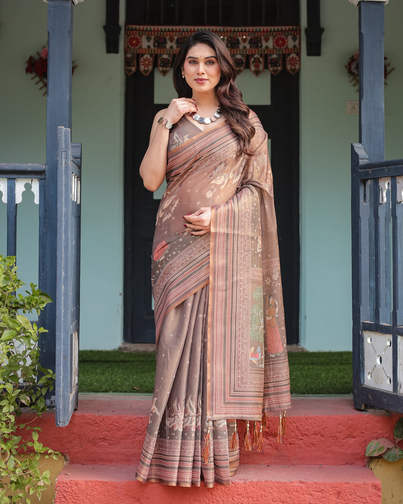 Earthy Brown Handloom Cotton-Linen Saree with Bird Motifs and Striped Detailing LINEN HANDLOOM
