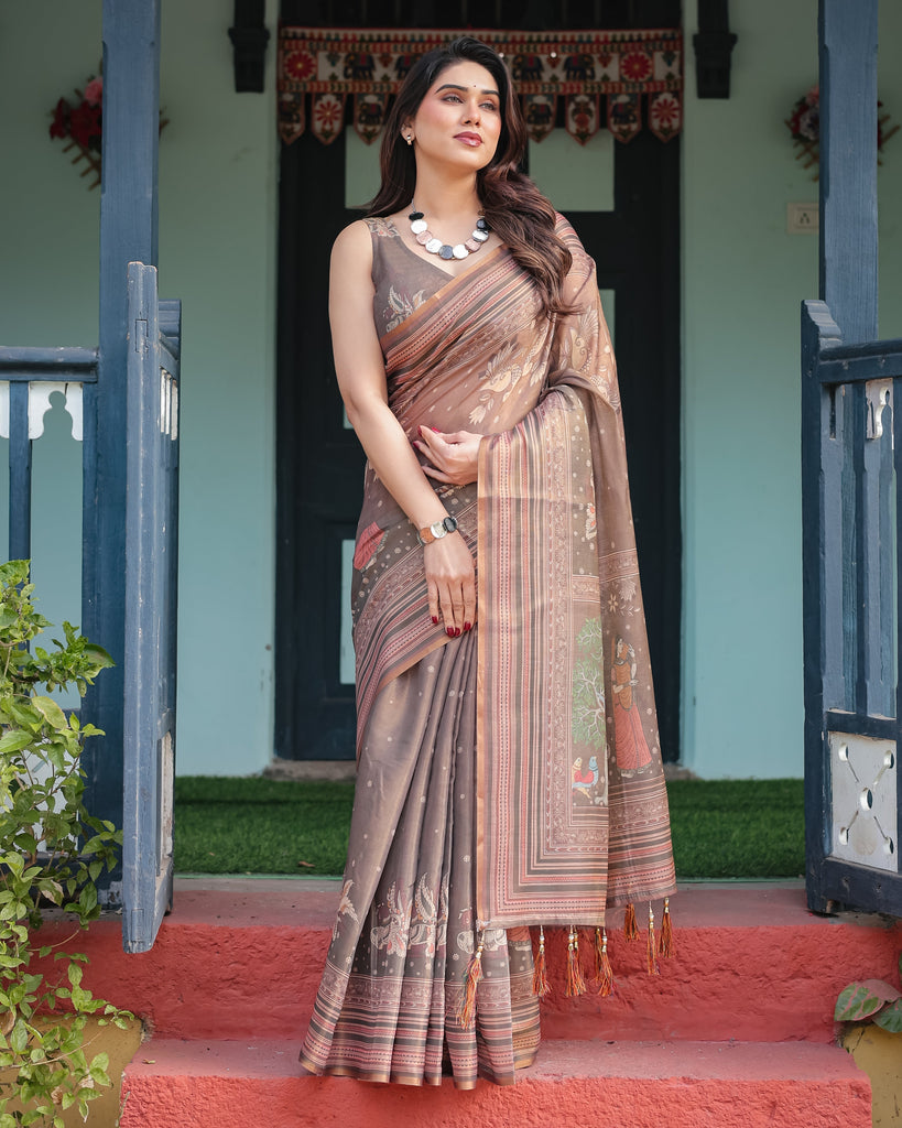 Earthy Brown Handloom Cotton-Linen Saree with Bird Motifs and Striped Detailing LINEN HANDLOOM
