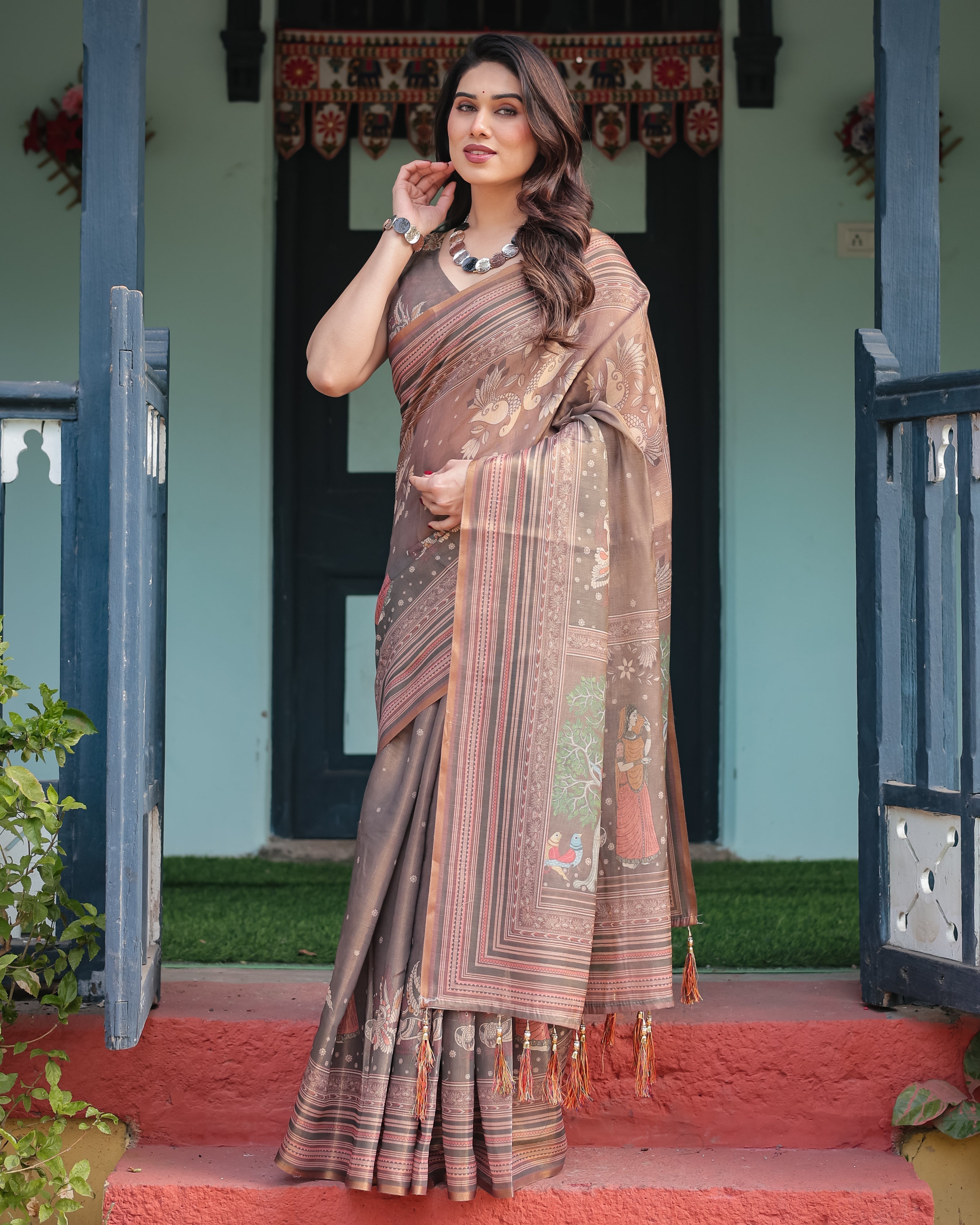 Earthy Brown Handloom Cotton-Linen Saree with Bird Motifs and Striped Detailing LINEN HANDLOOM