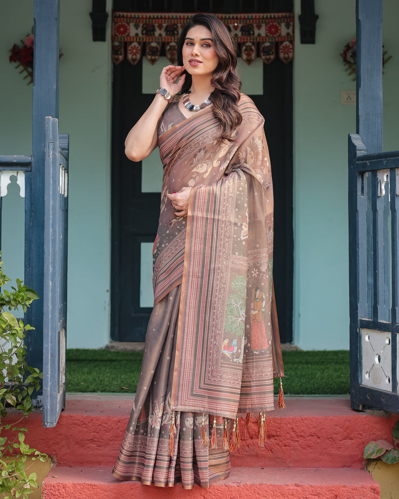 Earthy Brown Handloom Cotton-Linen Saree with Bird Motifs and Striped Detailing LINEN HANDLOOM