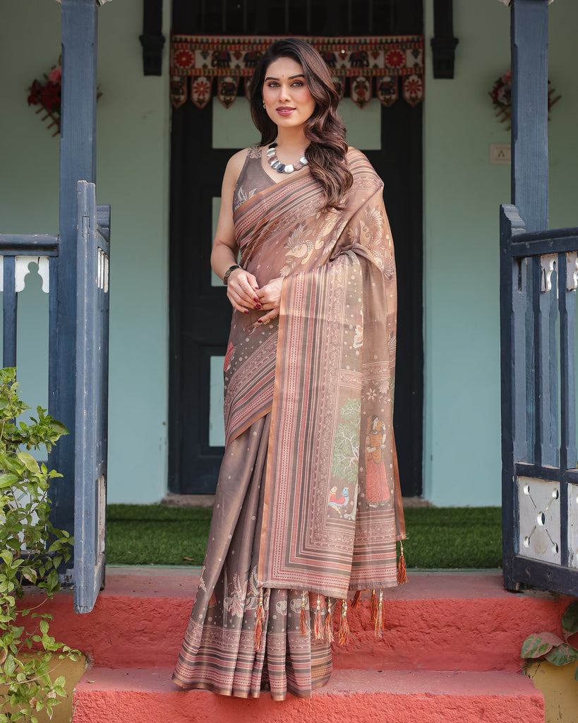 Earthy Brown Handloom Cotton-Linen Saree with Bird Motifs and Striped Detailing LINEN HANDLOOM