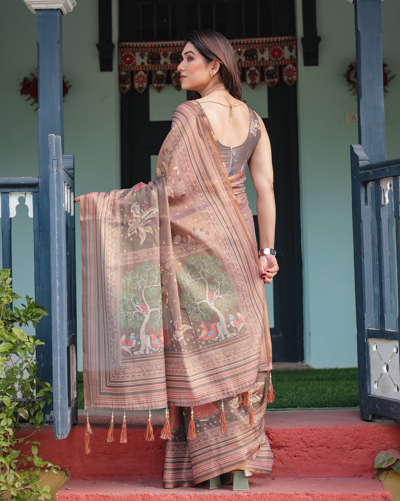 Earthy Brown Handloom Cotton-Linen Saree with Bird Motifs and Striped Detailing LINEN HANDLOOM