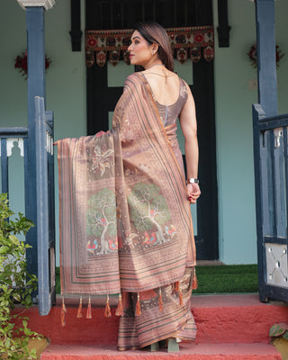 Earthy Brown Handloom Cotton-Linen Saree with Bird Motifs and Striped Detailing LINEN HANDLOOM
