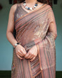 Load image into Gallery viewer, Earthy Brown Handloom Cotton-Linen Saree with Bird Motifs and Striped Detailing LINEN HANDLOOM