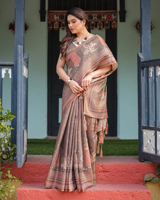 Earthy Brown Handloom Cotton-Linen Saree with Bird Motifs and Striped Detailing LINEN HANDLOOM