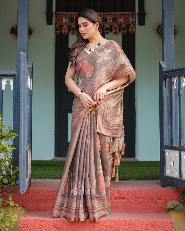 Earthy Brown Handloom Cotton-Linen Saree with Bird Motifs and Striped Detailing LINEN HANDLOOM