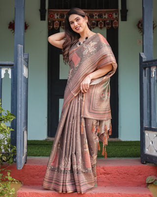 Earthy Brown Handloom Cotton-Linen Saree with Bird Motifs and Striped Detailing LINEN HANDLOOM