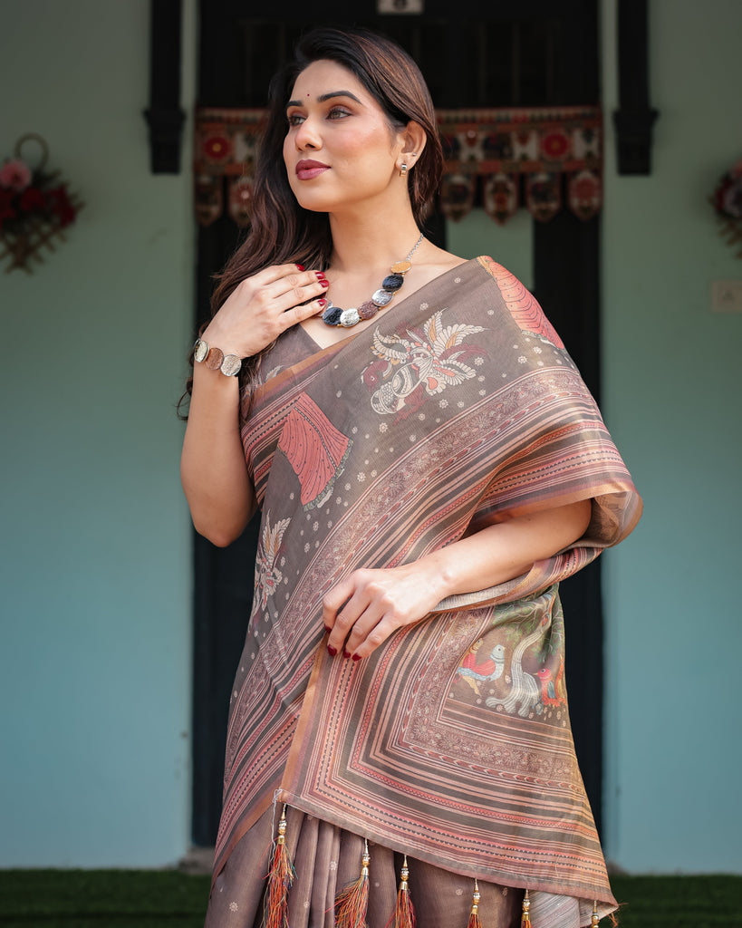Earthy Brown Handloom Cotton-Linen Saree with Bird Motifs and Striped Detailing LINEN HANDLOOM