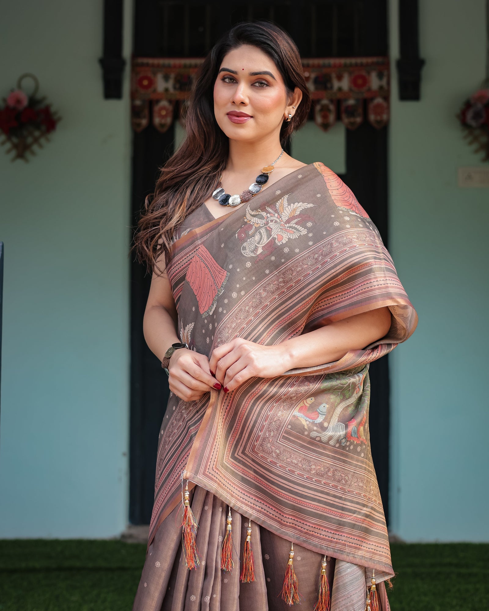 Earthy Brown Handloom Cotton-Linen Saree with Bird Motifs and Striped Detailing LINEN HANDLOOM