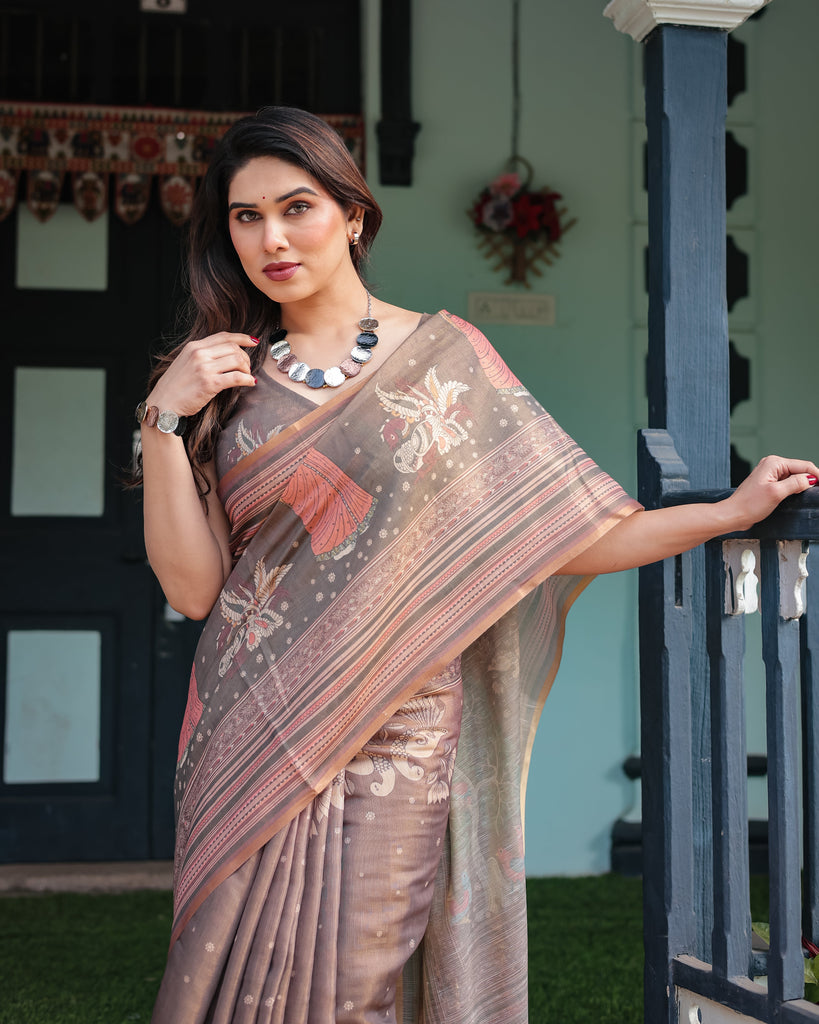 Earthy Brown Handloom Cotton-Linen Saree with Bird Motifs and Striped Detailing LINEN HANDLOOM