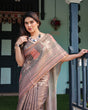 Load image into Gallery viewer, Earthy Brown Handloom Cotton-Linen Saree with Bird Motifs and Striped Detailing LINEN HANDLOOM
