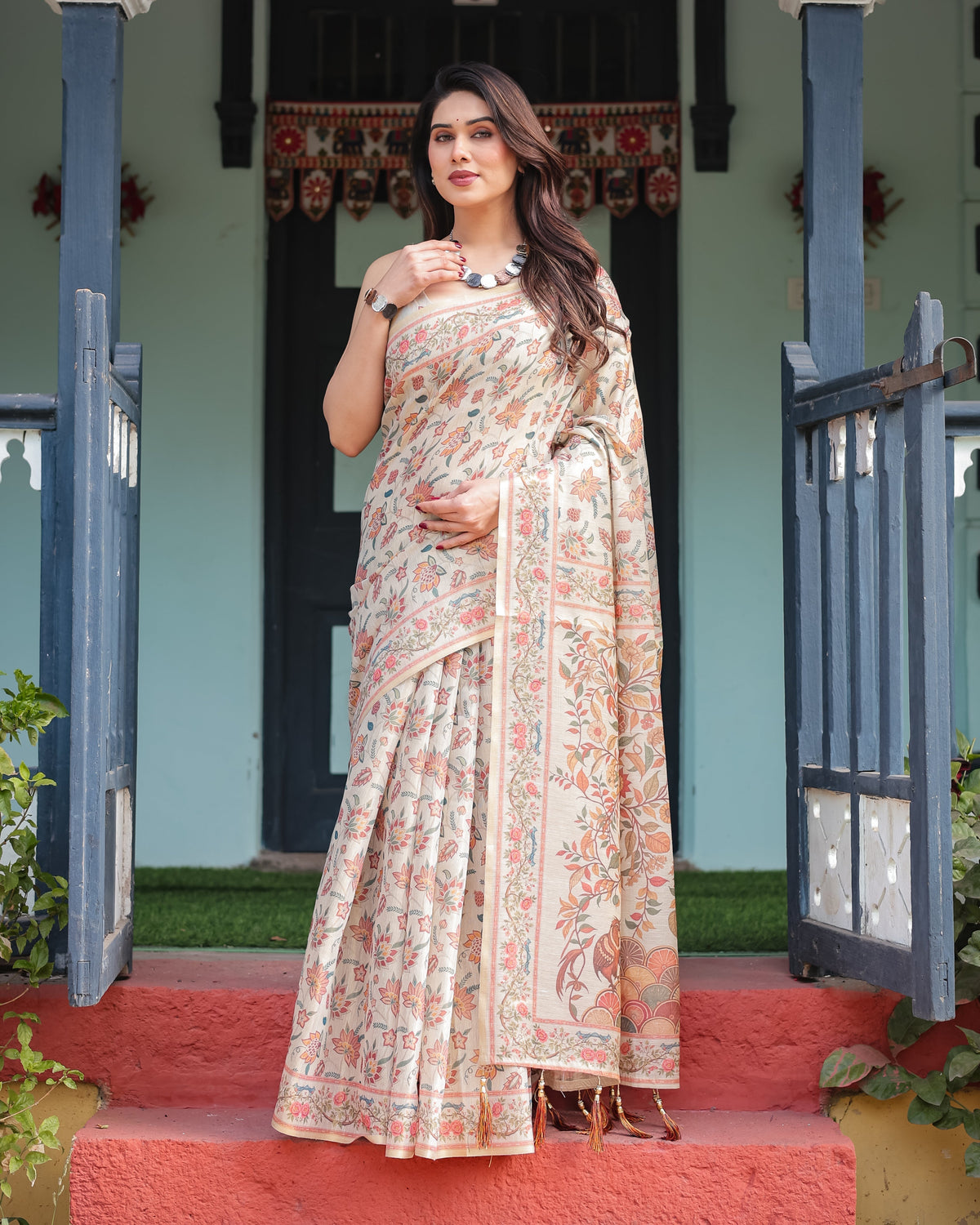 Elegant Beige Handloom Cotton-Linen Saree with Golden Zari Weave, Floral Printed Pallu & Tassel Detailing LINEN HANDLOOM Main image