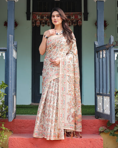 Elegant Beige Handloom Cotton-Linen Saree with Golden Zari Weave, Floral Printed Pallu & Tassel Detailing LINEN HANDLOOM