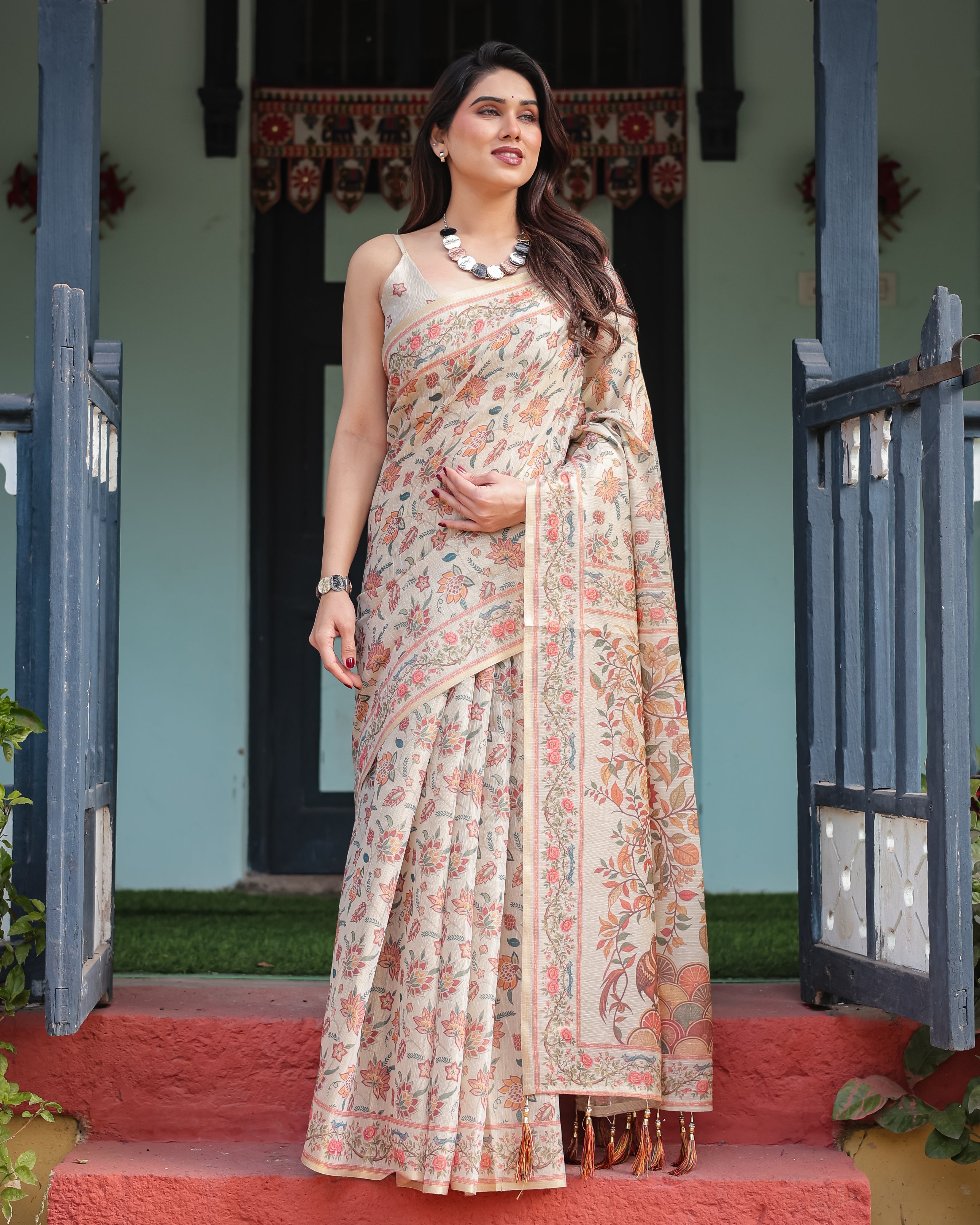 Elegant Beige Handloom Cotton-Linen Saree with Golden Zari Weave, Floral Printed Pallu & Tassel Detailing LINEN HANDLOOM