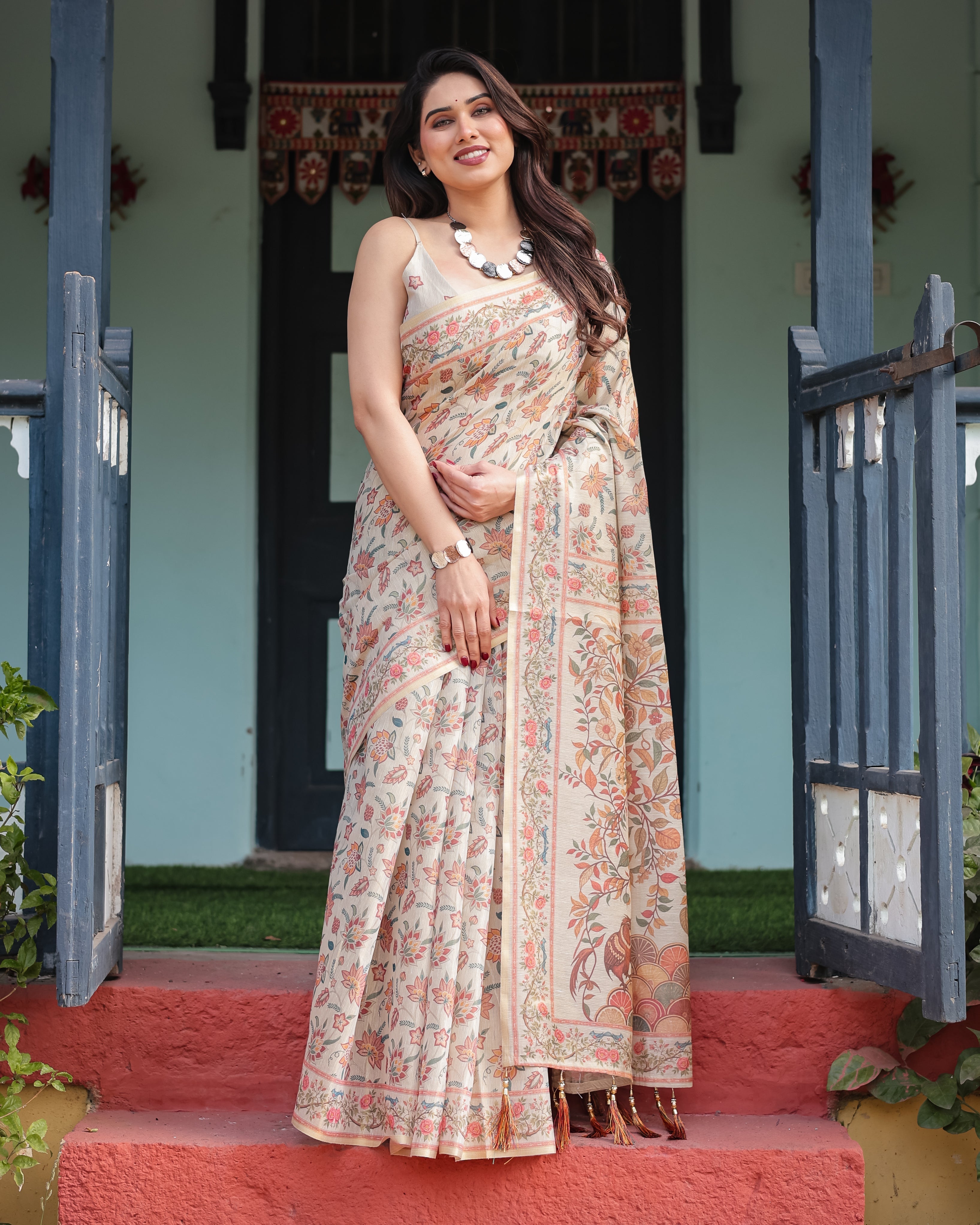 Elegant Beige Handloom Cotton-Linen Saree with Golden Zari Weave, Floral Printed Pallu & Tassel Detailing LINEN HANDLOOM