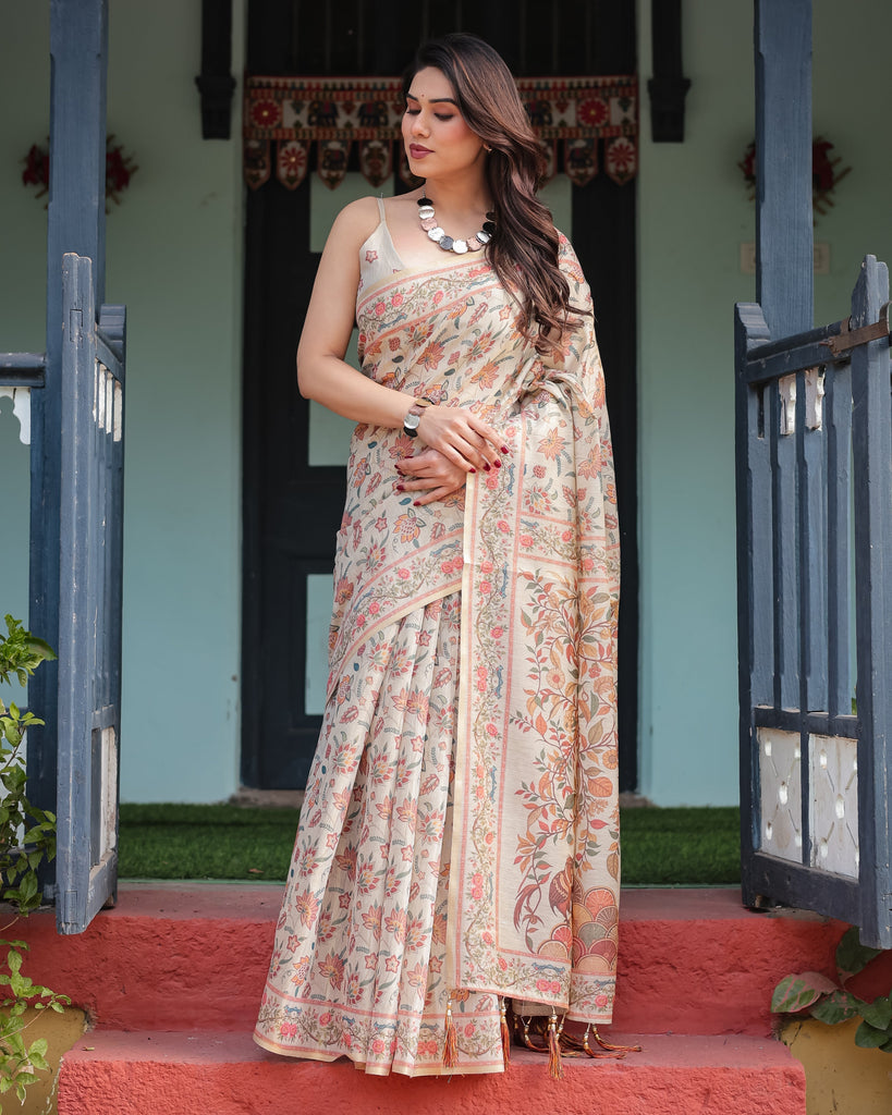 Elegant Beige Handloom Cotton-Linen Saree with Golden Zari Weave, Floral Printed Pallu & Tassel Detailing LINEN HANDLOOM