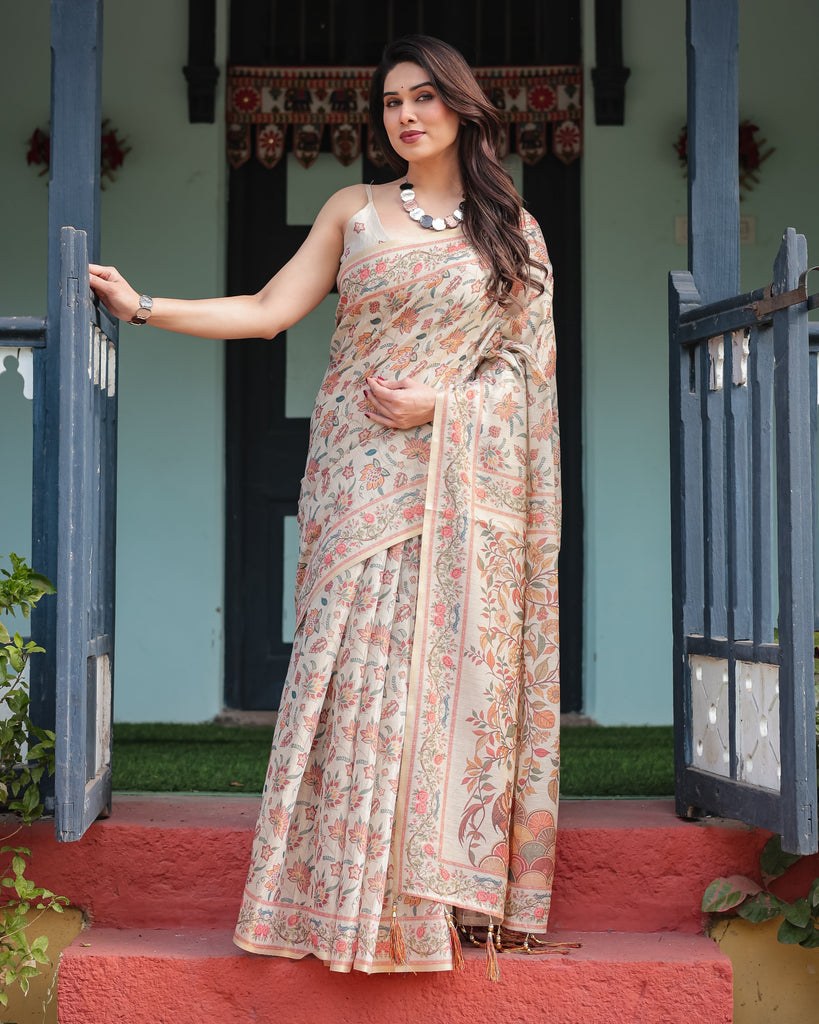 Elegant Beige Handloom Cotton-Linen Saree with Golden Zari Weave, Floral Printed Pallu & Tassel Detailing LINEN HANDLOOM